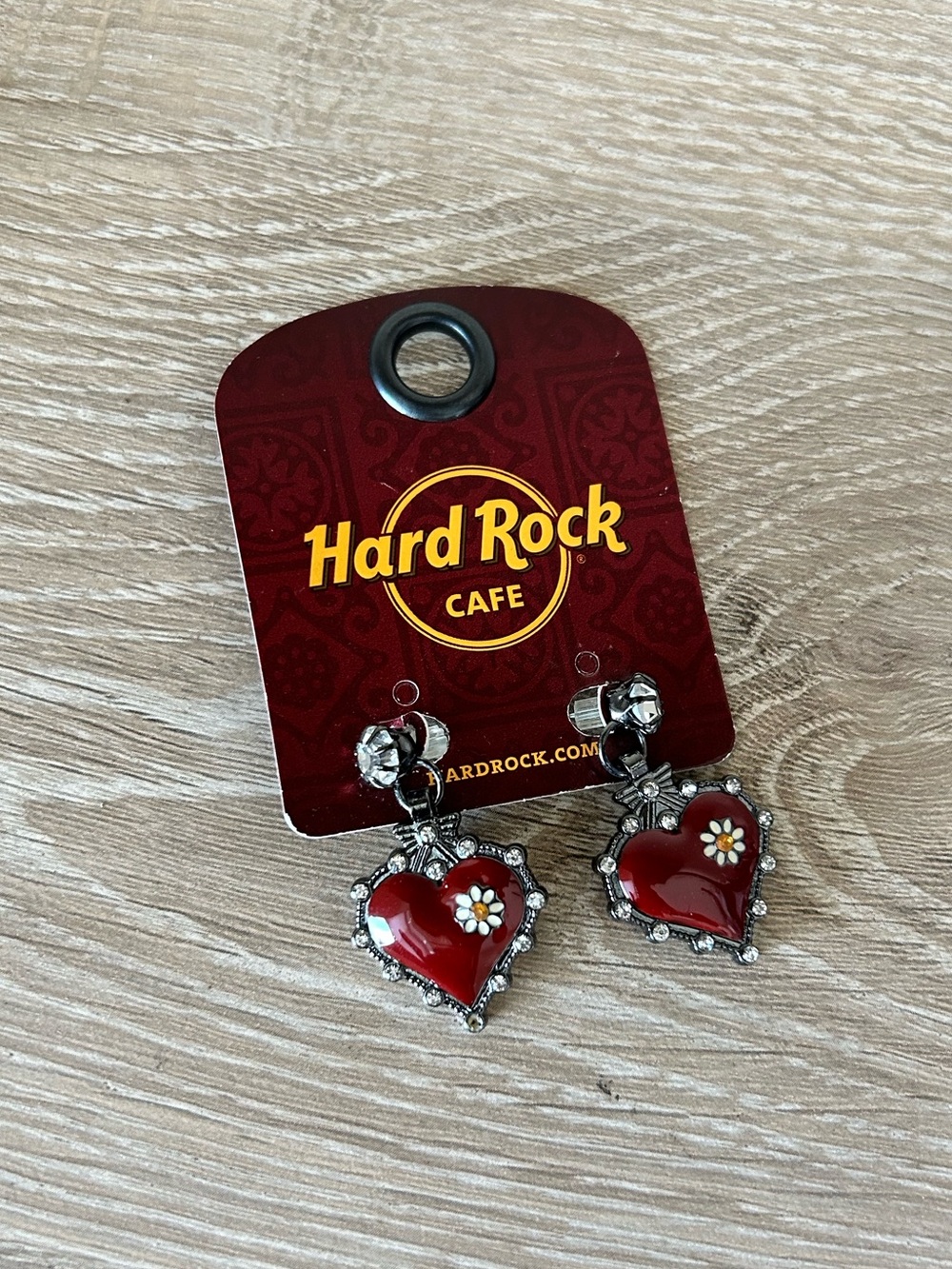 Hard Rock Cafe Vintage Rhinestone Red Heart Drop Earrings with Daisy Accent